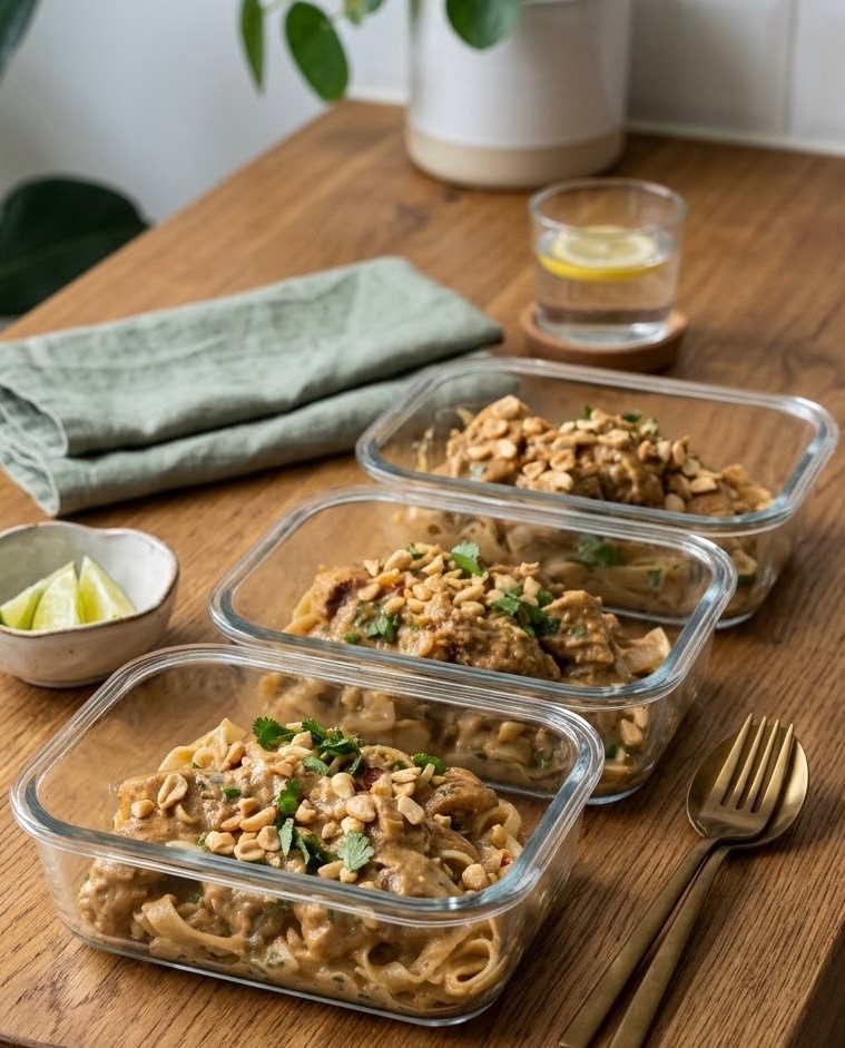 Three glass meal containers with creamy noodles, herbs and peanuts