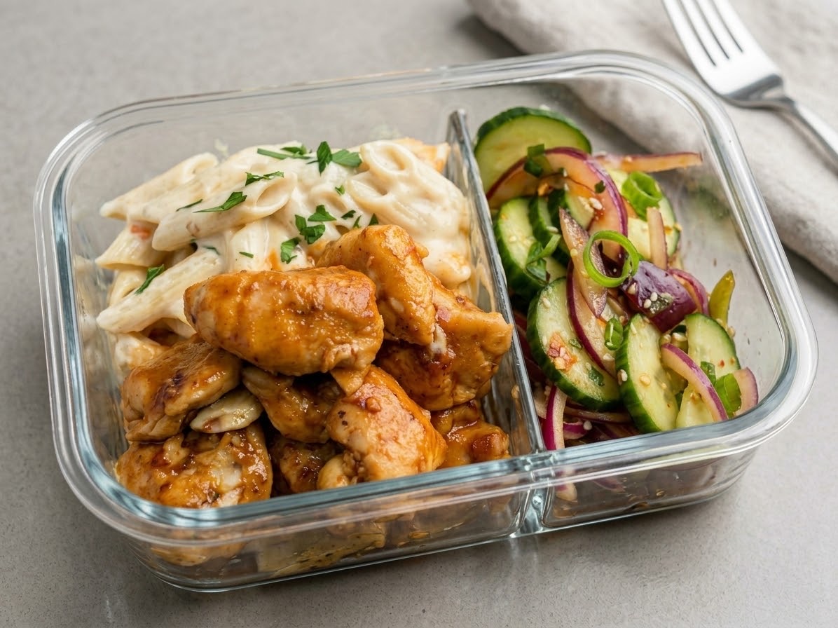 Glass meal container with chicken, creamy pasta and cucumber salad