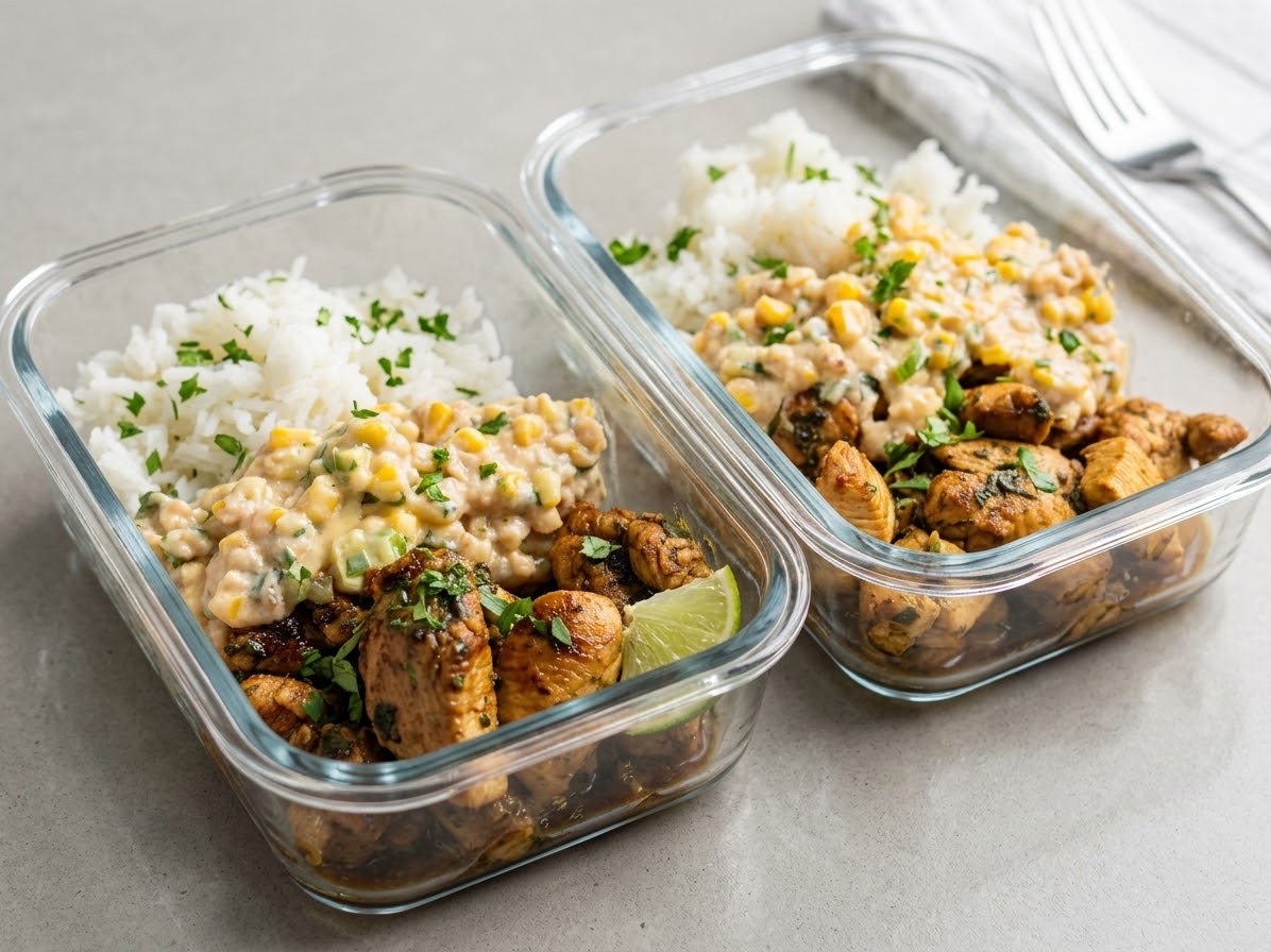 Two glass meal containers with chicken, rice and a creamy corn side